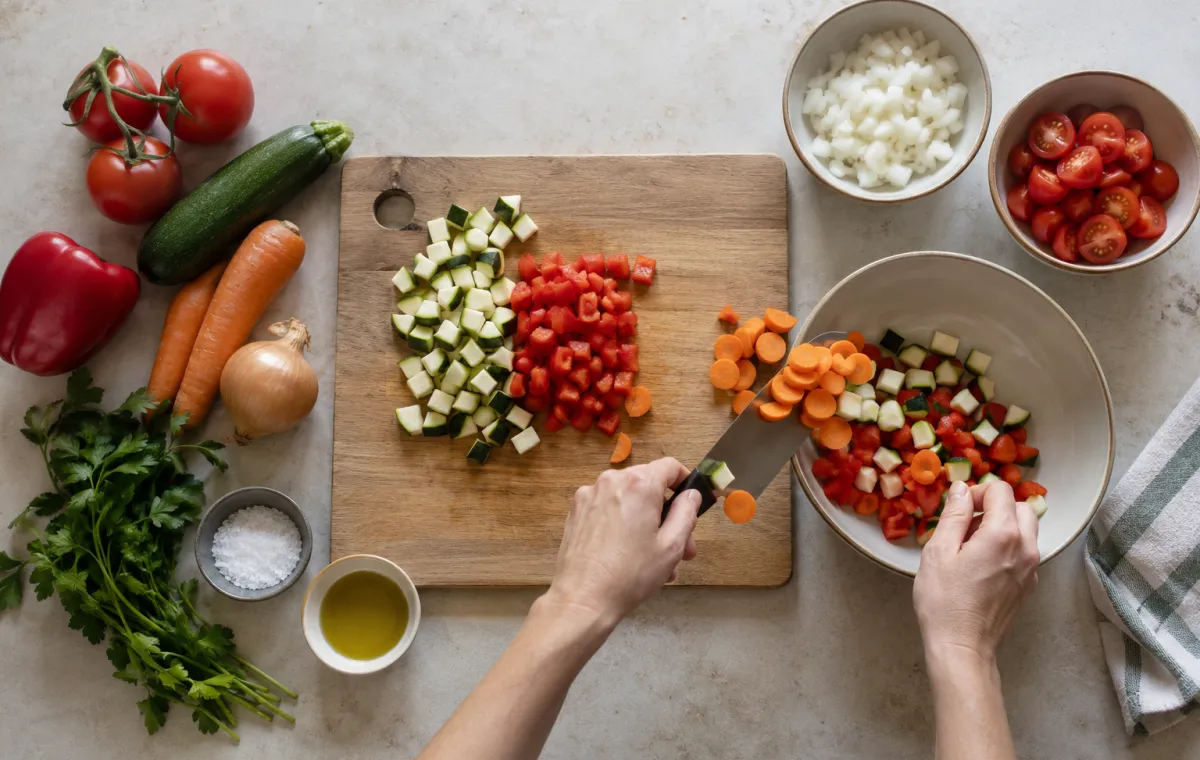 Bancada organizada com utensílios e ingredientes dispostos por etapas.