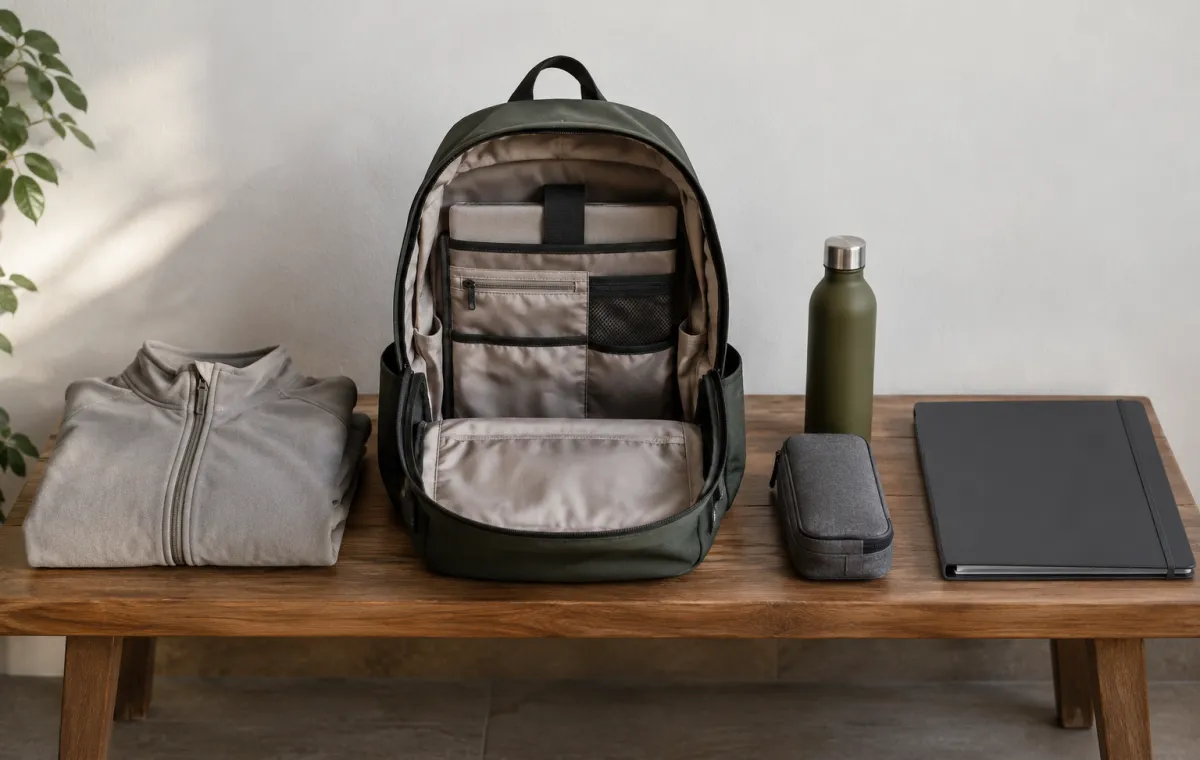 Mochila aberta com objetos separados por função e frequência de uso.